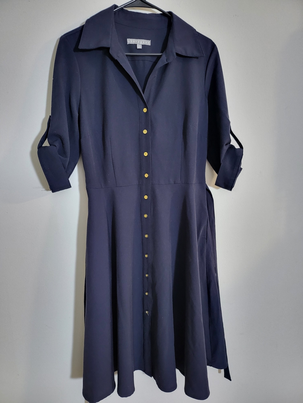 Sharagano Navy Button-Front Midi Shirt Dress
